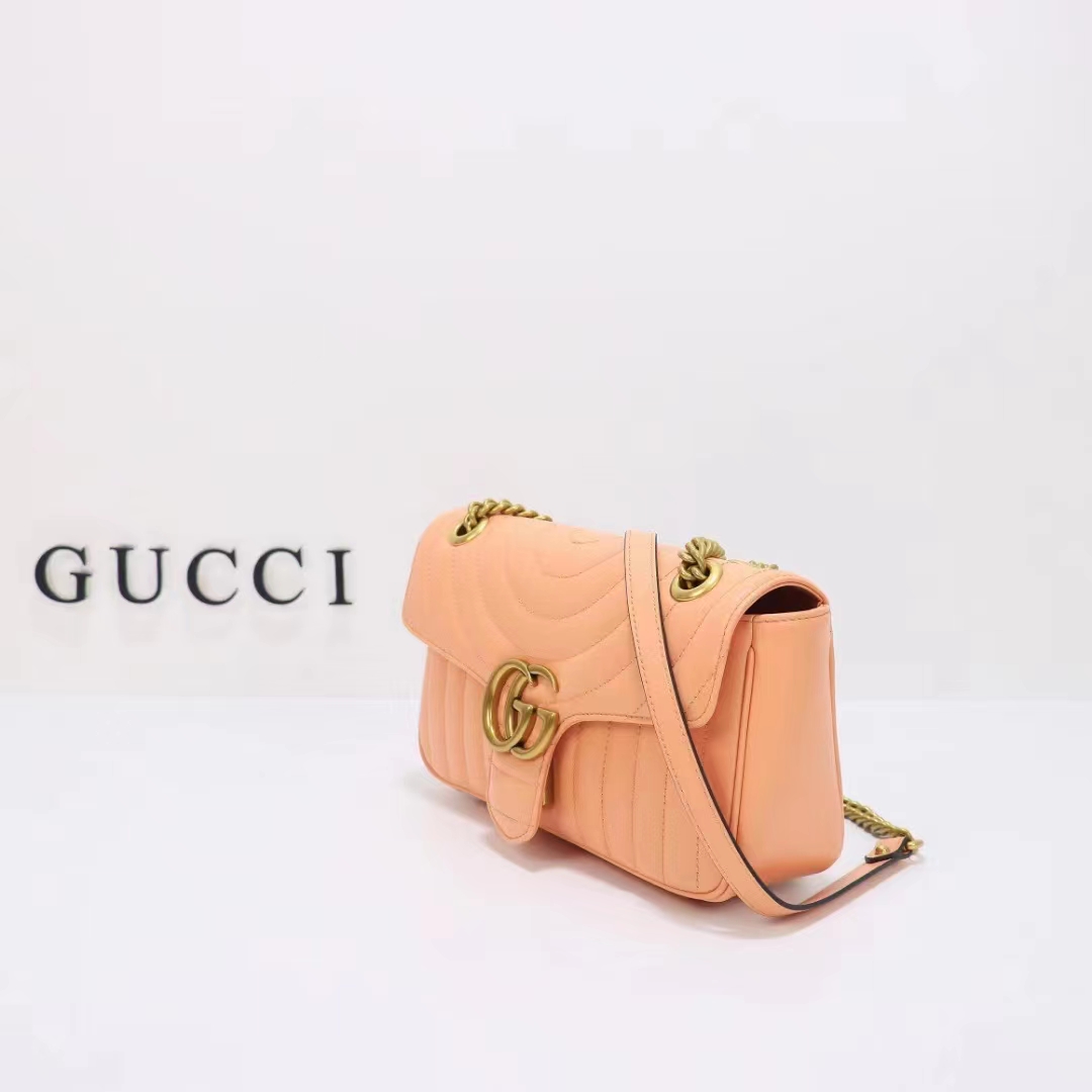 Gucci Women GG Marmont Small Shoulder Bag Peach Matelassé Round Vertical Matelassé Leather