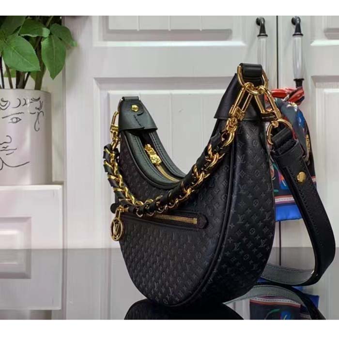 Louis Vuitton LV Women Loop Half-Moon Baguette Bag Black Calfskin Monogram Flowers