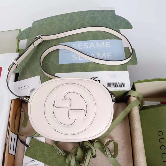 Gucci Women GG Blondie Mini Shoulder Bag White Leather Round Interlocking G Patch