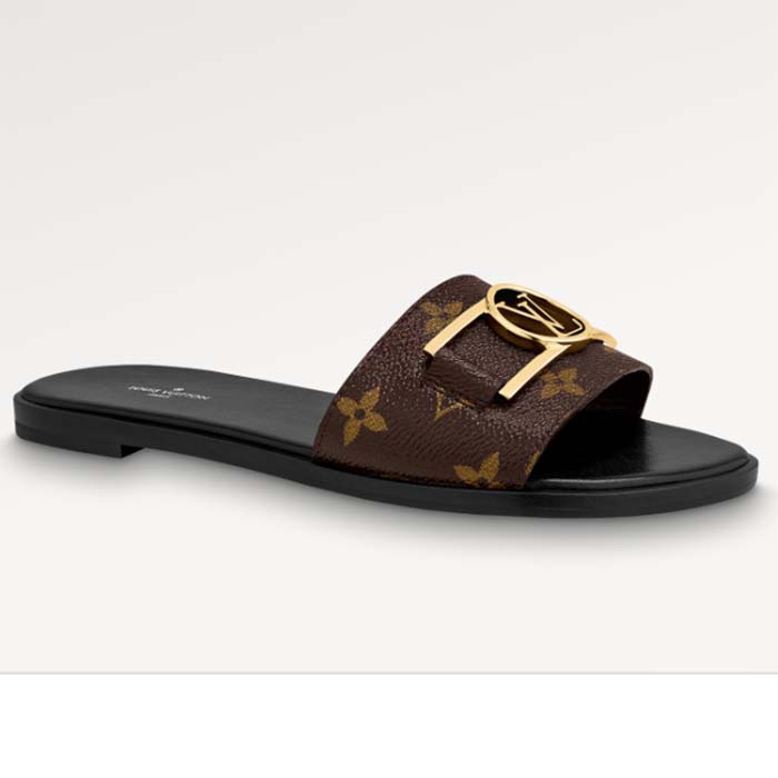 Louis Vuitton LV Women Lock It Flat Mule Brown Patent Monogram Canvas Leather