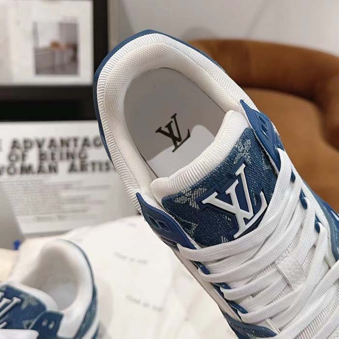 Louis Vuitton Unisex LV Trainer Sneaker Blue Monogram Denim Monogram-Embossed Grained Calf Leather