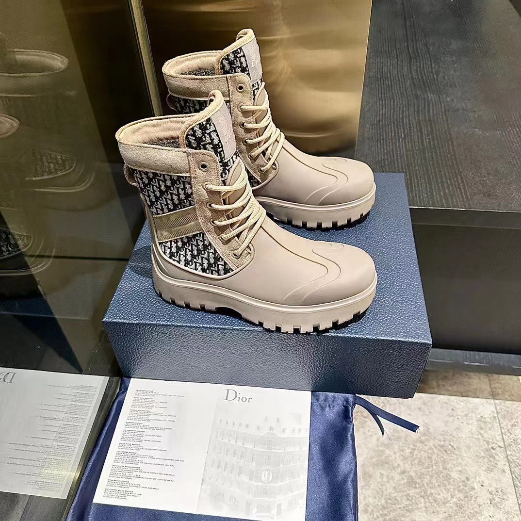 Dior Unisex CD Dior Garden Lace-Up Boot Beige Black Oblique Jacquard Brown Rubber