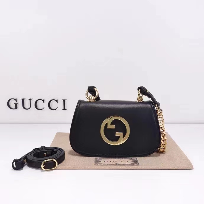 Gucci Women GG Blondie Mini Shoulder Bag Black Leather Round Interlocking G Chain