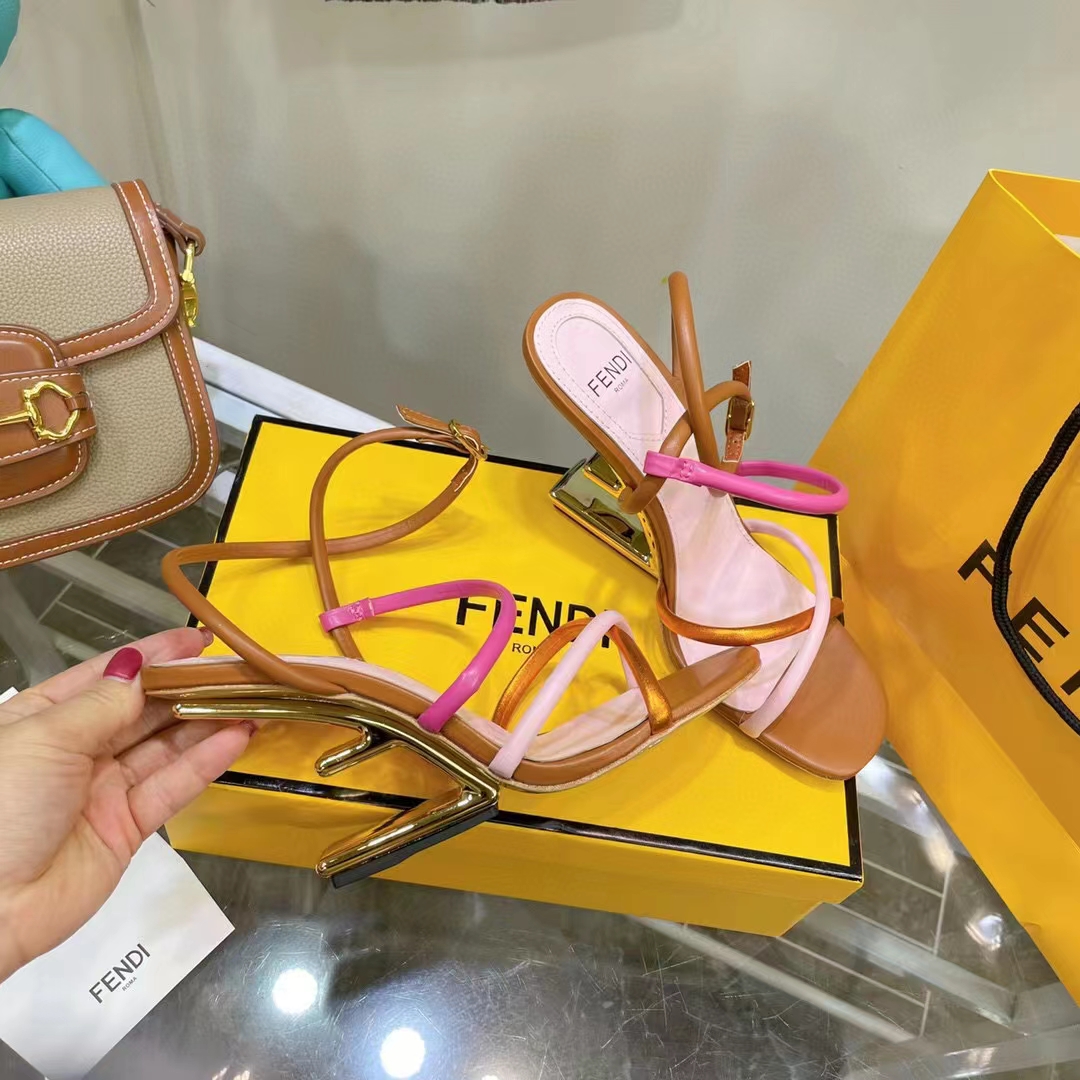 Fendi Women FF First Pink Nappa Leather High-Heeled Sandals 9.5 cm Heel