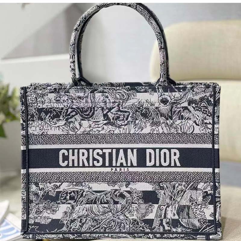 Dior Women CD Medium Book Tote Navy Blue Toile De Jouy Stripes Embroidery