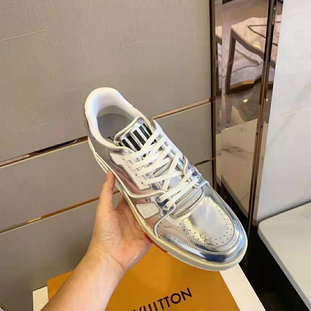 Louis Vuitton LV Men LV Trainer Sneaker in Metallic Silver Leather with Louis Vuitton Script Signature