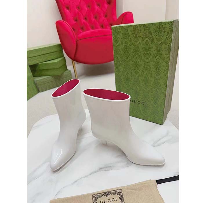 Gucci Women Interlocking G Ankle Boot White Shiny Rubber Matte Point Toe Low-Heel