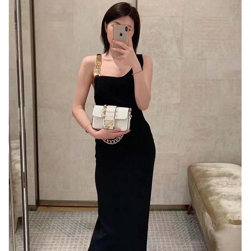 Fendi Women FF Brooch Mini Baguette Fendace White Leather Bag