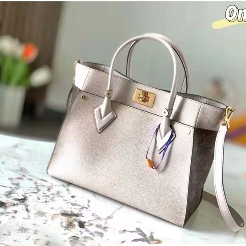 Louis Vuitton LV Women On My Side MM Tote Greige Calfskin Monogram Canvas