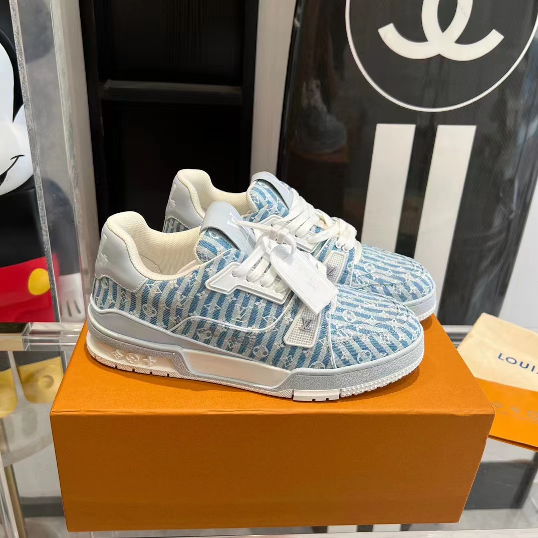 Louis Vuitton Unisex LV Trainer Sneaker Blue Monogram Denim Flowers Rubber LV Initials