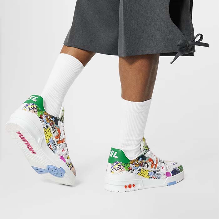 Louis Vuitton Unisex LV Trainer Sneaker White Printed Canvas Rubber Outsole Initials