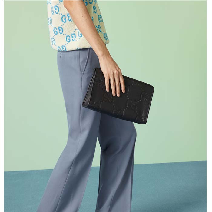 Gucci Unisex Jumbo GG Pouch Black Jumbo GG Leather Zip Closure