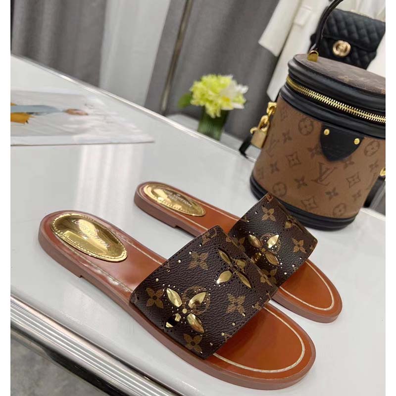 Louis Vuitton LV Women Lock It Flat Mule Gold Perforated Monogram Canvas