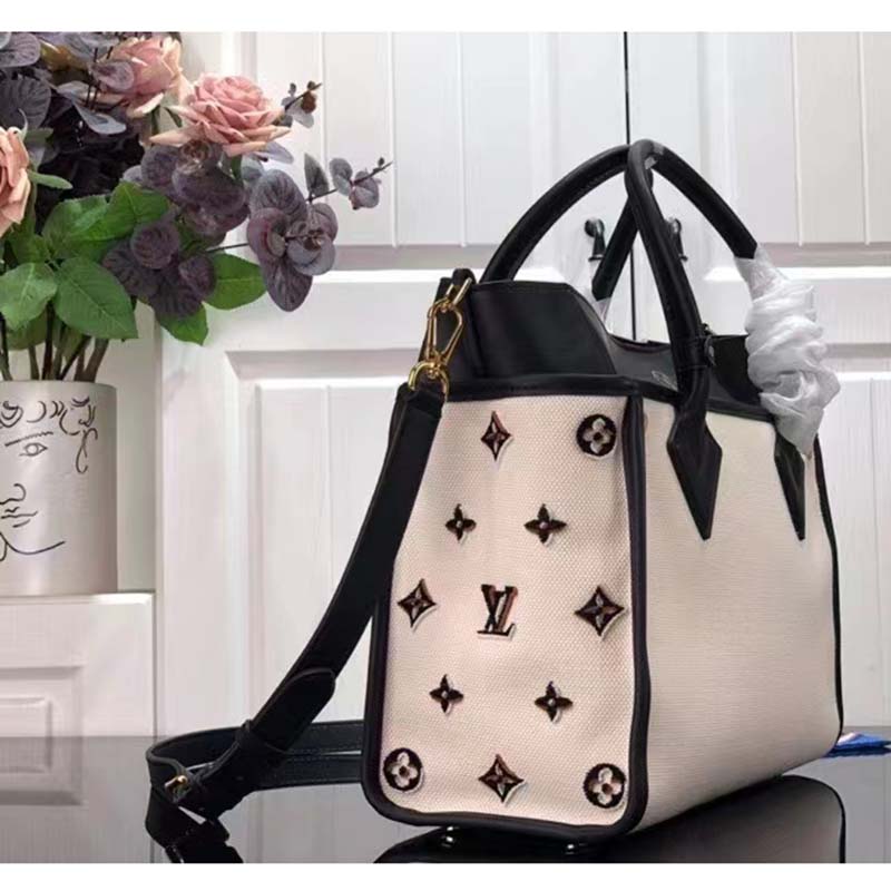 Louis Vuitton Women On My Side MM Tote Bag Black Canvas Smooth Cowhide