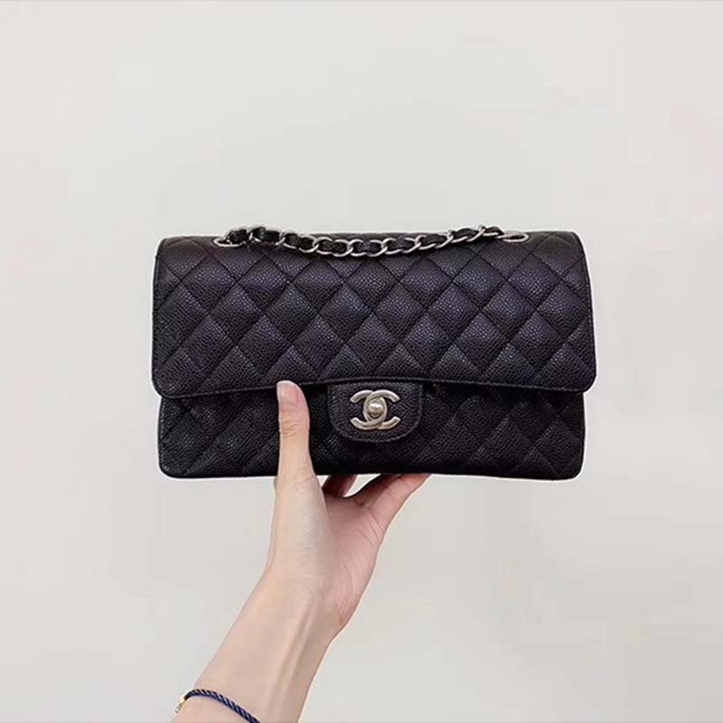 Chanel Women CF Flap Bag in Diamond Pattern Calfskin Leather-Black