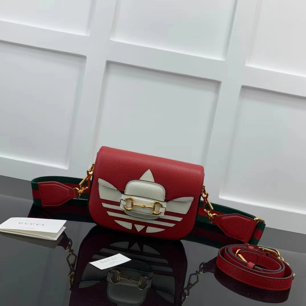 Gucci Unisex GG Adidas x Gucci Horsebit 1955 Mini Bag Red Leather Trefoil Print