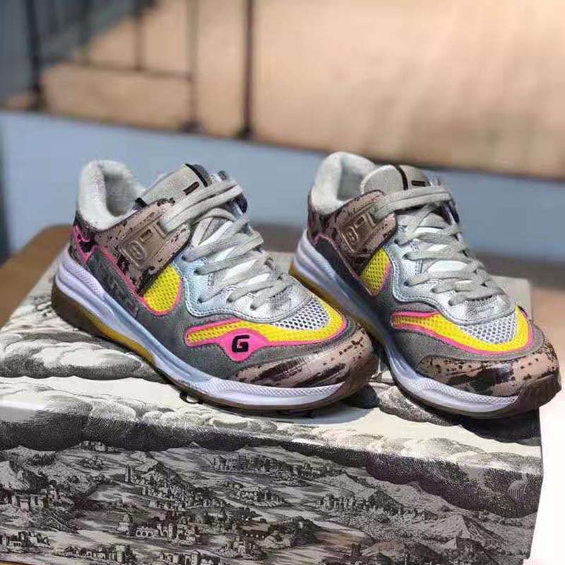 Gucci Unisex Ultrapace Sneaker with Embroidered Gucci and Interlocking G in Metallic Leather-Pink