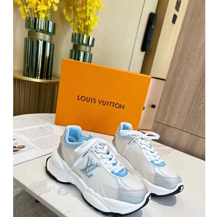 Louis Vuitton LV Unisex Run 55 Sneaker Denim Blue Mix Materials Lifted Rubber Outsole
