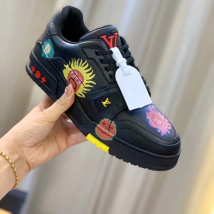 Louis Vuitton Unisex LV x YK LV Trainer Sneaker Black Printed Grained Calf Leather Monogram Flowers