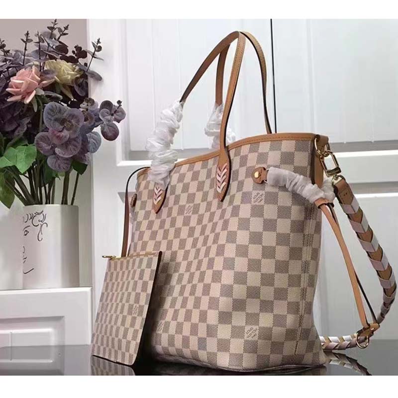 Louis Vuitton LV Women Neverfull MM Tote Bag Damier Azur Coated Canvas