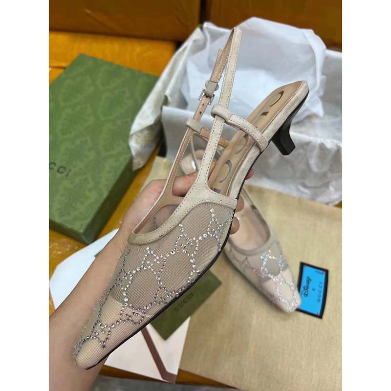 Gucci Women GG Slingback Pump Rose Beige Mesh Crystals Kitten 4 Cm Heel