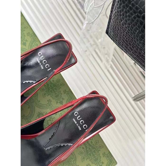 Gucci Women GG Slingback Pump Dark Red Leather Interlocking G Square Upper Mid-Heel