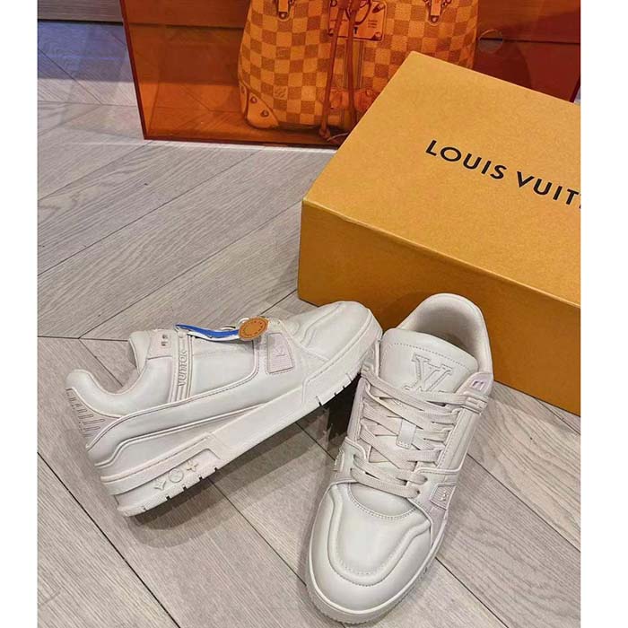 Louis Vuitton Unisex LV Trainer Sneaker Beige Calf Leather Rubber Outsole Monogram Flower