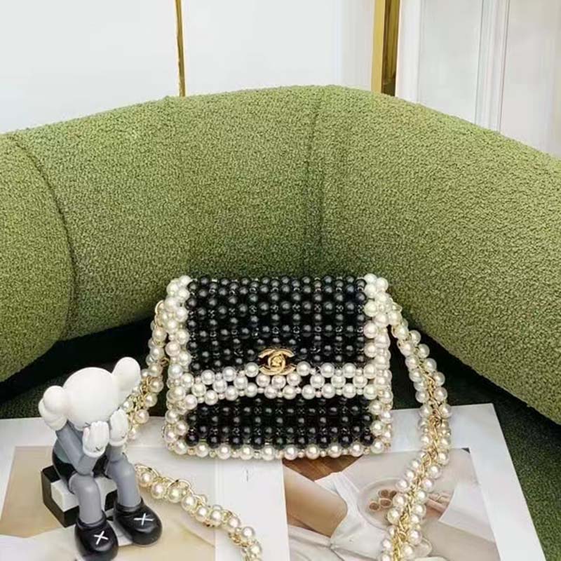 Chanel Women CC Small Evening Bag Imitation Glass Pearls Gold-Tone Metal Black