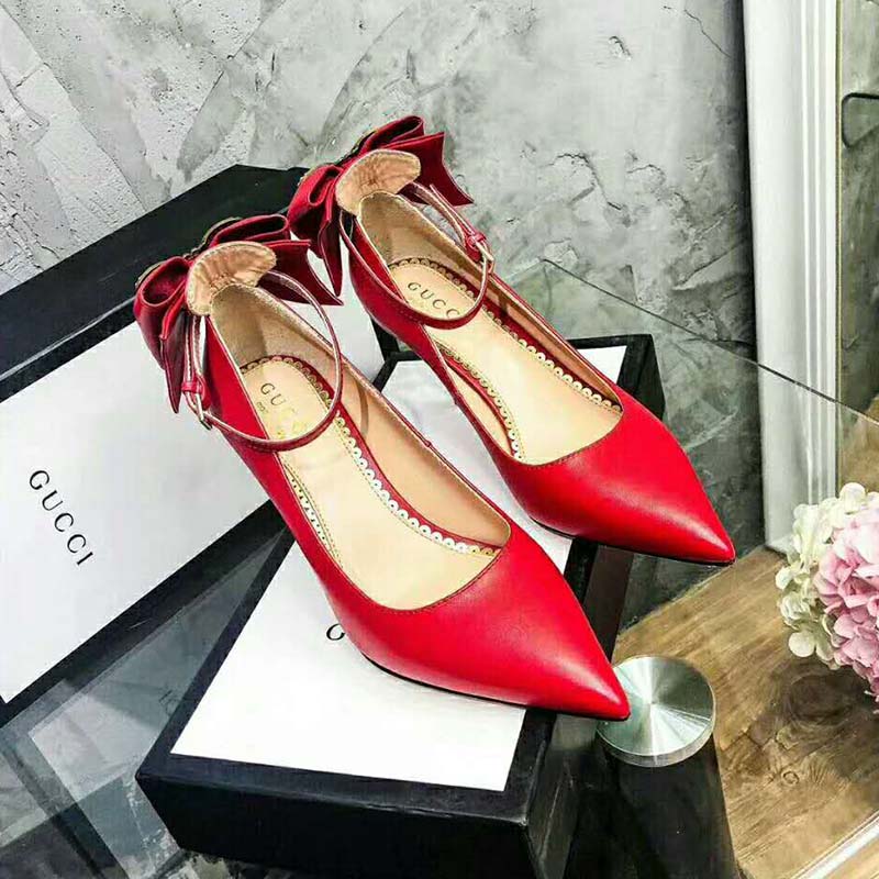 Gucci Women Shoes Leather Pump with Bow 85mm Heel-Red