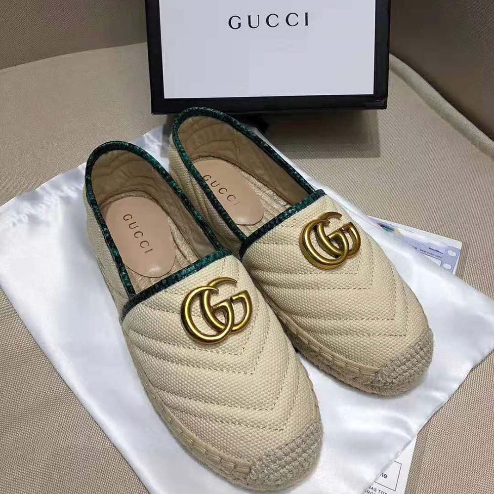 Gucci Women Chevron Raffia Espadrille with Double G-Green