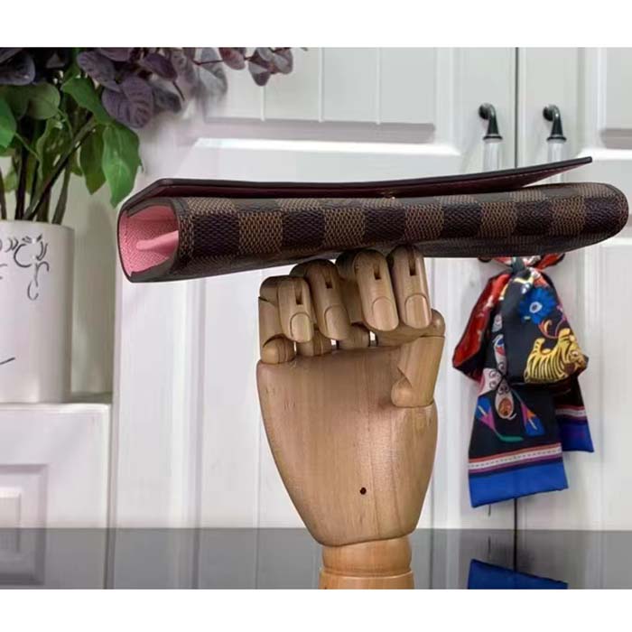 Louis Vuitton LV Unisex Sarah Wallet Pink Damier Ebene Coated Canvas Grained Cowhide Leather