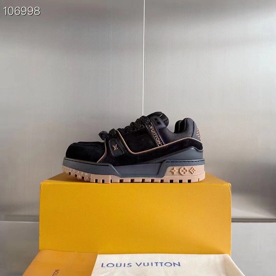 Louis Vuitton Unisex LV Trainer Maxi Black Suede Calf Leather Textile Laces Beads Rubber