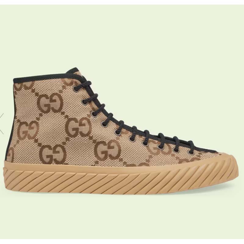 Gucci Unisex High-Top Maxi GG Sneaker Camel Ebony Canvas Low 3 Cm Heel