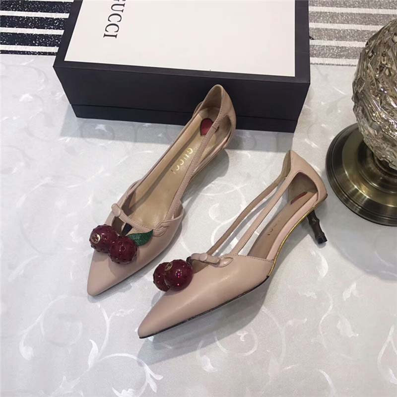 Gucci Women Leather Cherry Pump Shoes-Pink