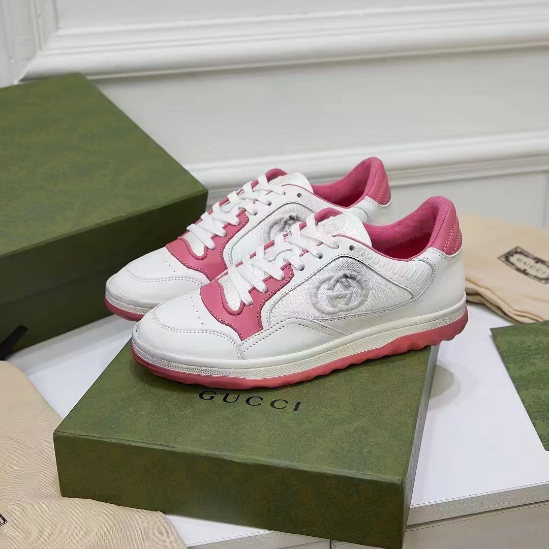 Gucci Unisex GG MAC80 Sneakers Off White Pink Leather Round Toe Rubber Flat