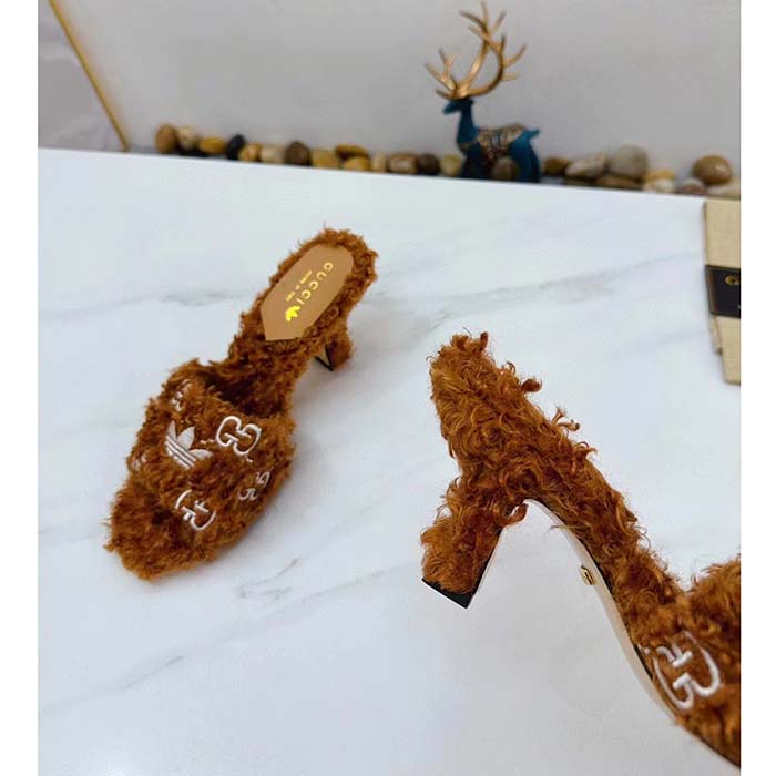 Gucci Women Adidas x Gucci Slide Sandal Brown GG Trefoil Shearling-Effect Fabric