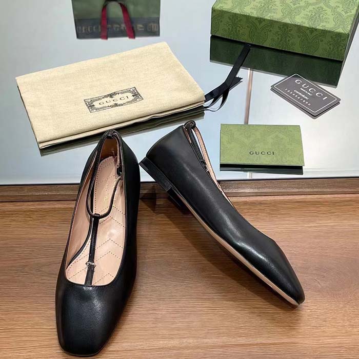 Gucci Women GG Ballet Flat Double G Black Leather Sole Flat 1 Cm Heel