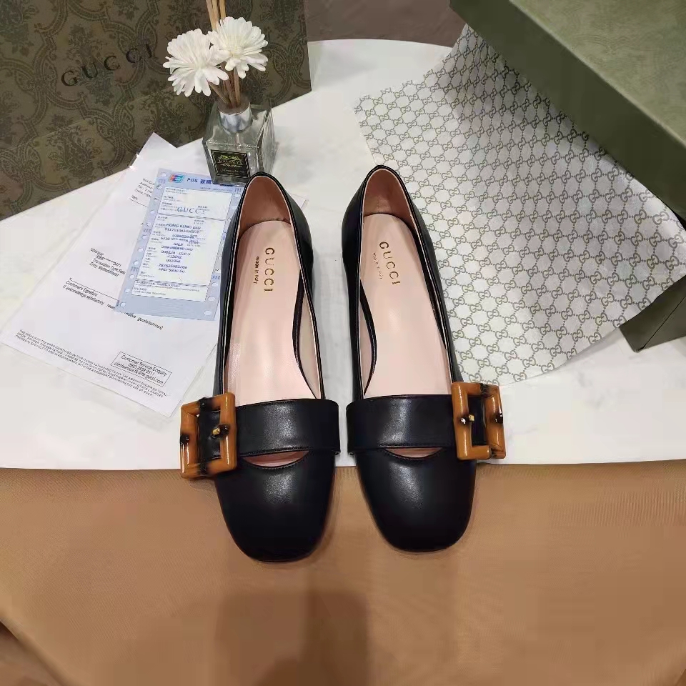 Gucci Women’s GG Ballet Flat Bamboo Buckle Black Leather Round Toe Chunky Heel