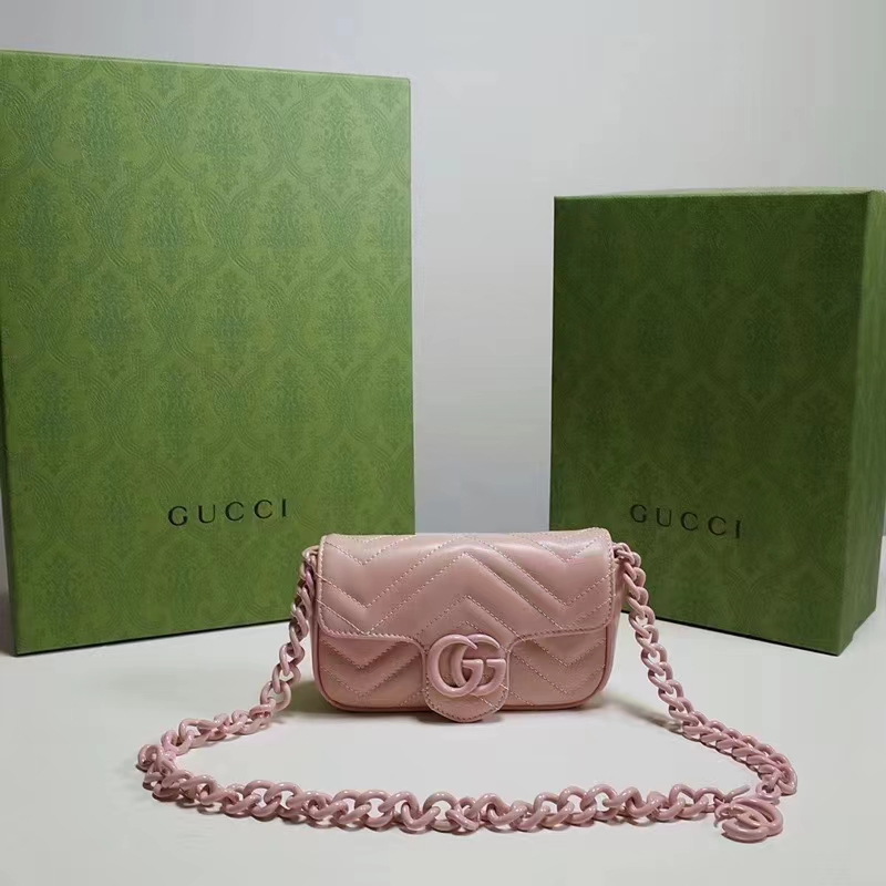 Gucci Women GG Marmont Belt Bag Pink Chevron Matelassé Leather Double G