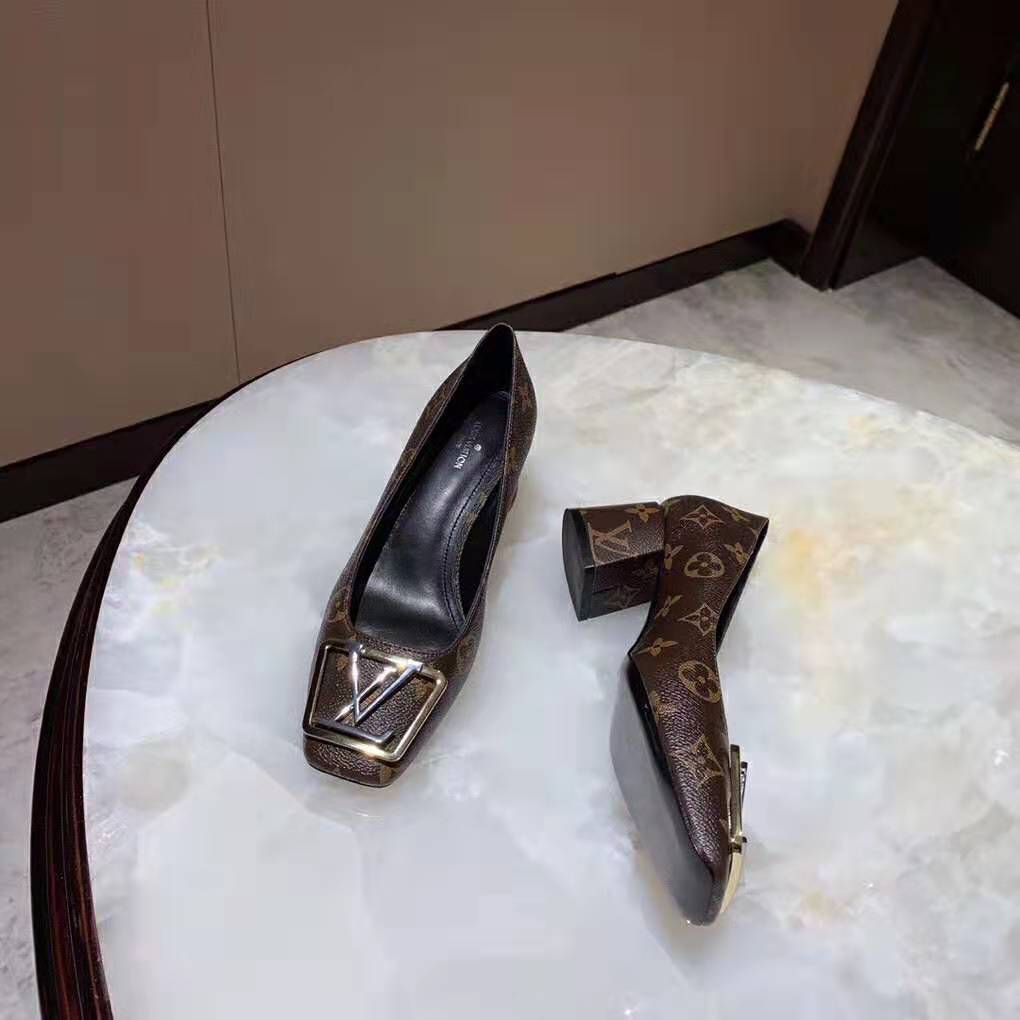 Louis Vuitton LV Women Madeleine Pump in Patent Monogram Canvas and Leather 7.5 cm Heel-Brown