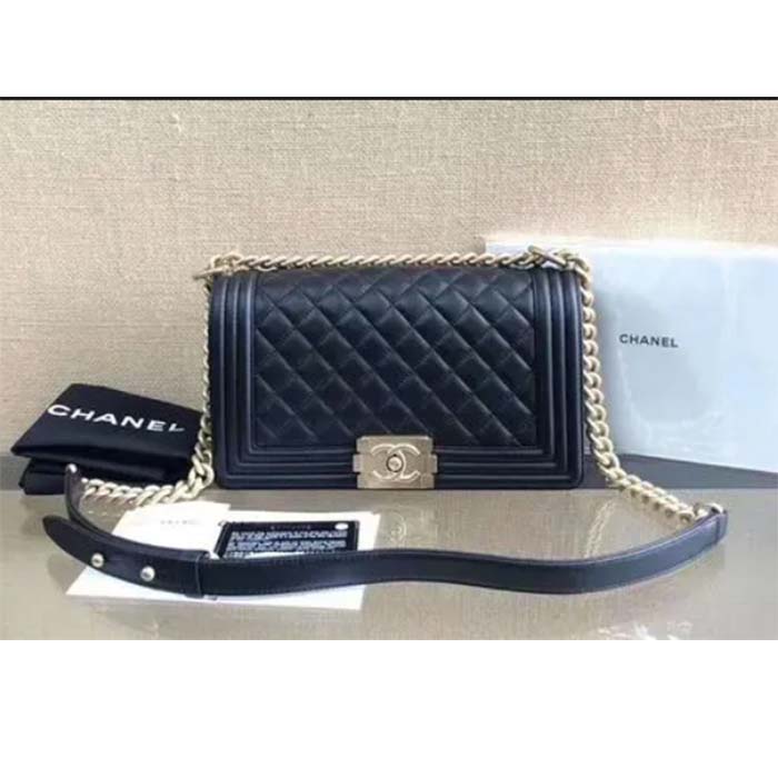 Chanel Women CC Boy Flap Handbag Chevron Quilted Calfskin Leather Navy Blue