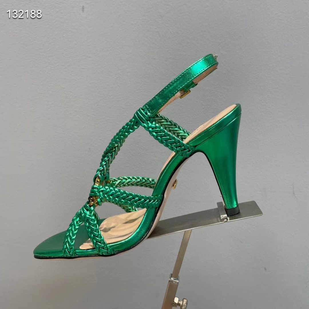 Gucci Women GG Cystal Interlocking G Sandal Green Metallic Braided High 9 CM Heel