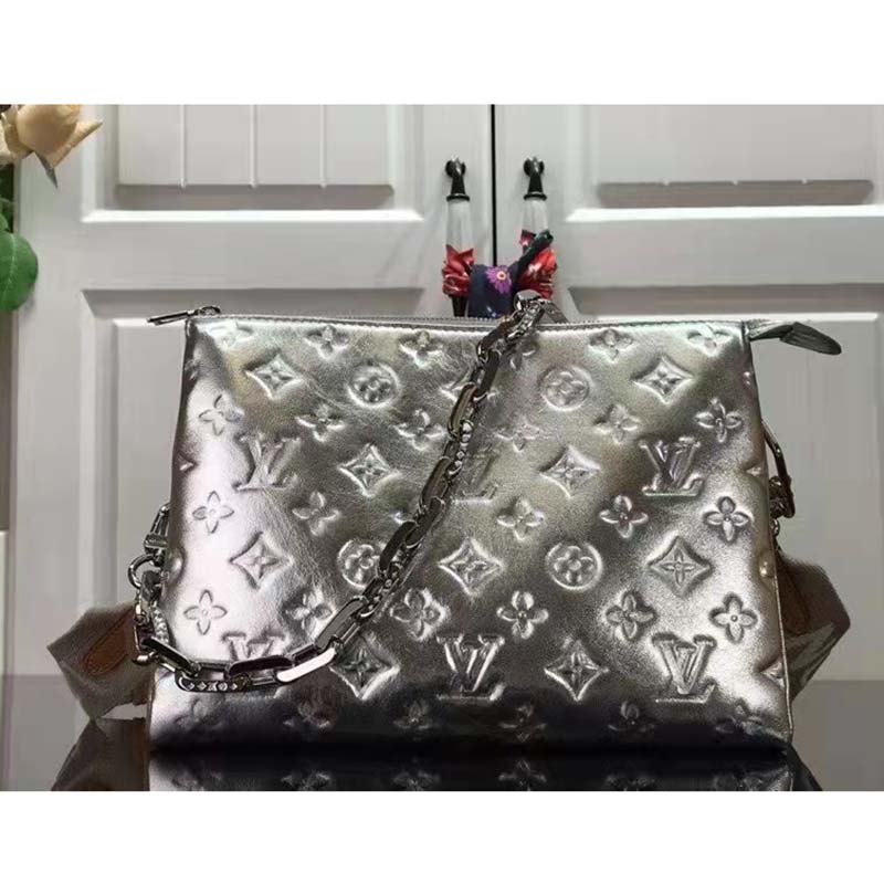 Louis Vuitton LV Women Coussin BB Handbag Silver Monogram Embossed Puffy Lambskin