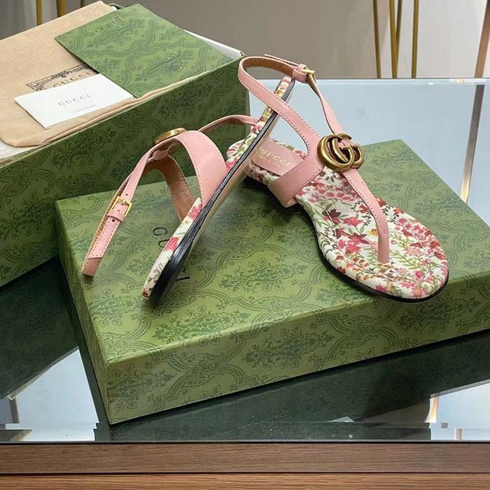 Gucci Women GG Double G Thong Sandal Pink Leather Flat 0.5 CM Heel