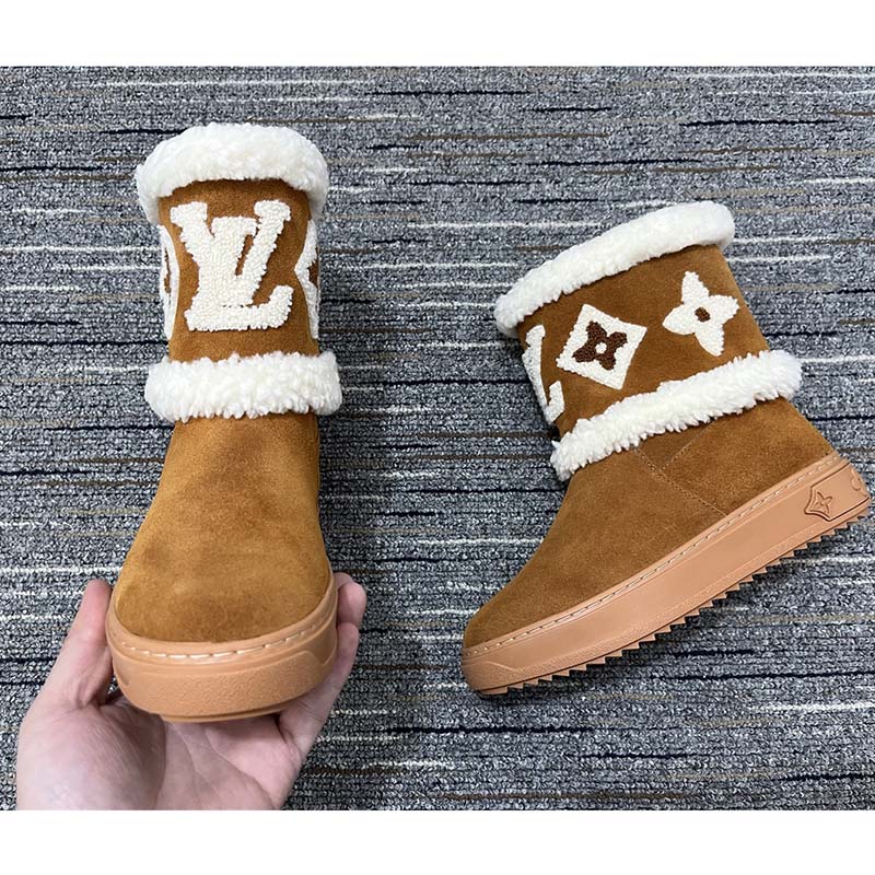 Louis Vuitton Women LV Snowdrop Flat Ankle Boot Brown Suede Calf Leather Shearling Wool