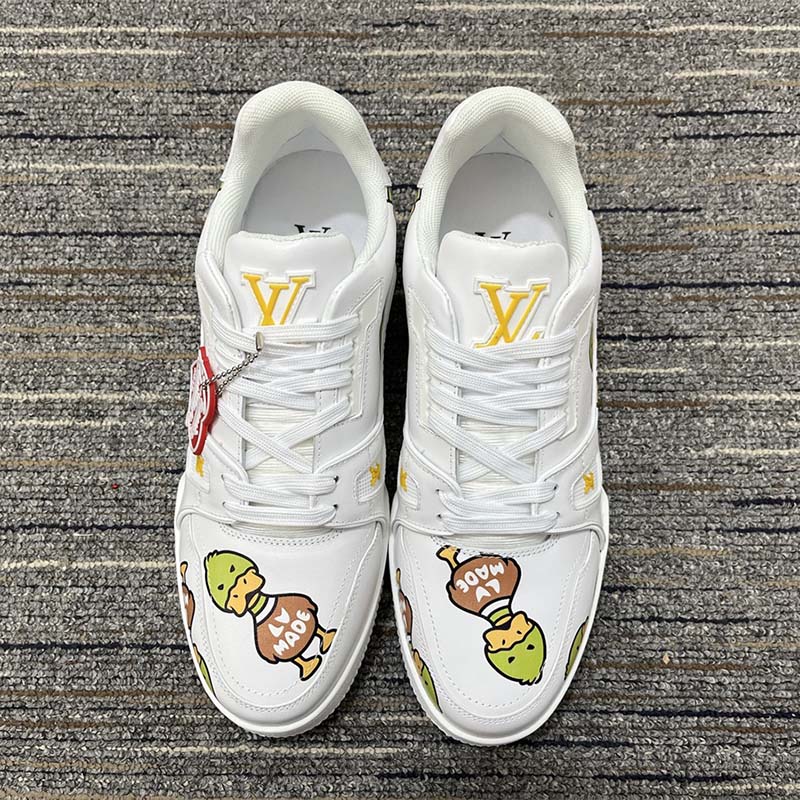 Louis Vuitton Unisex LV Trainer Sneaker White Printed Calf Leather Rubber Monogram Flowers