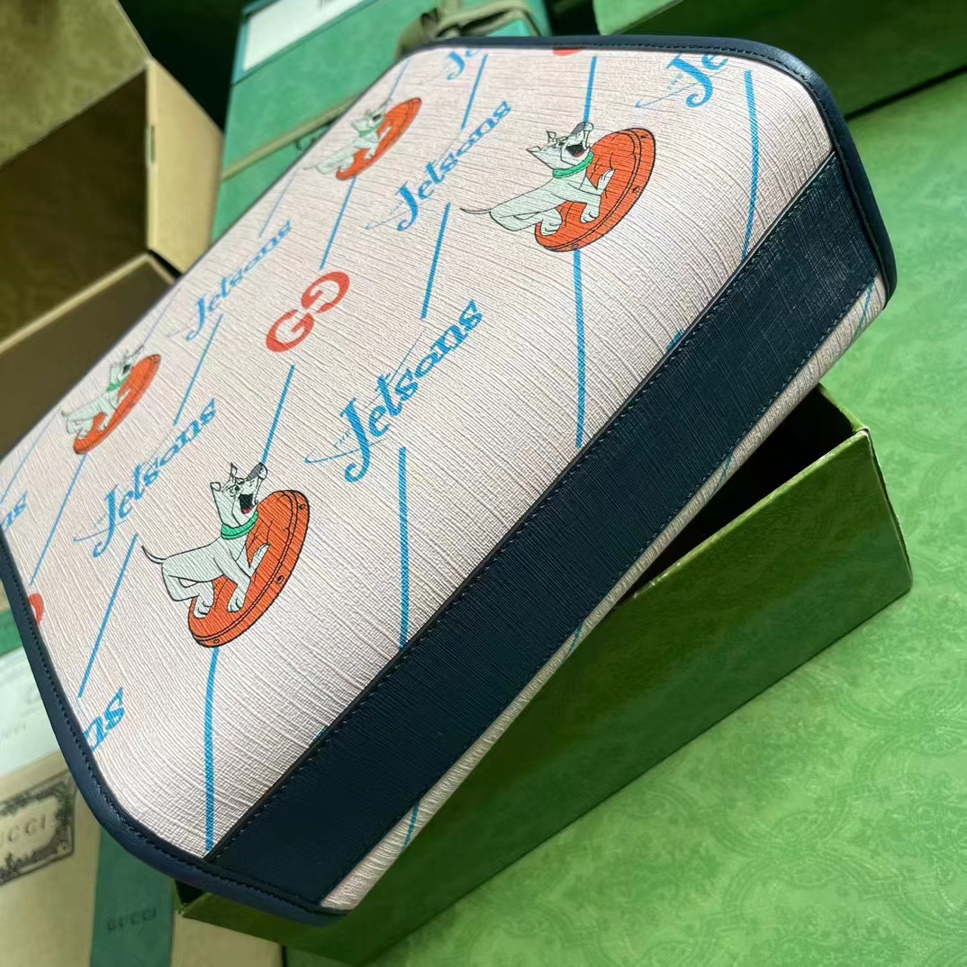 Gucci Unisex Printed Tote Bag GG The Jetsons Print Pink Blue Supreme Canvas