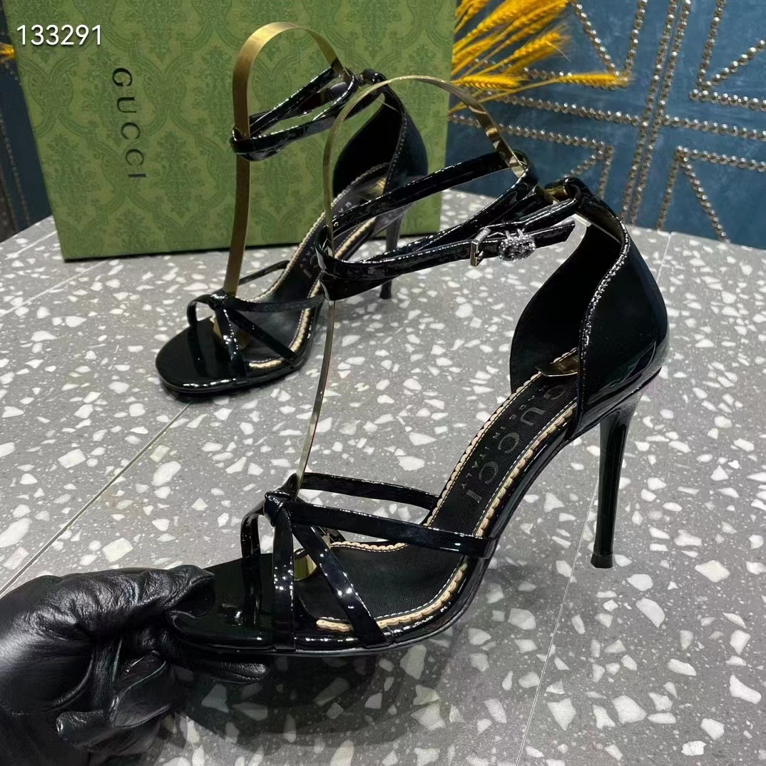 Gucci Women GG Strappy Sandal Double G Black Patent Leather Crystal High 11 CM Heel