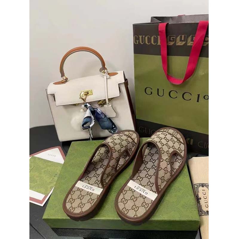 Gucci Unisex GG Supreme Slide Sandal Beige Ebony Canvas Rubber Flat 1 Cm Heel