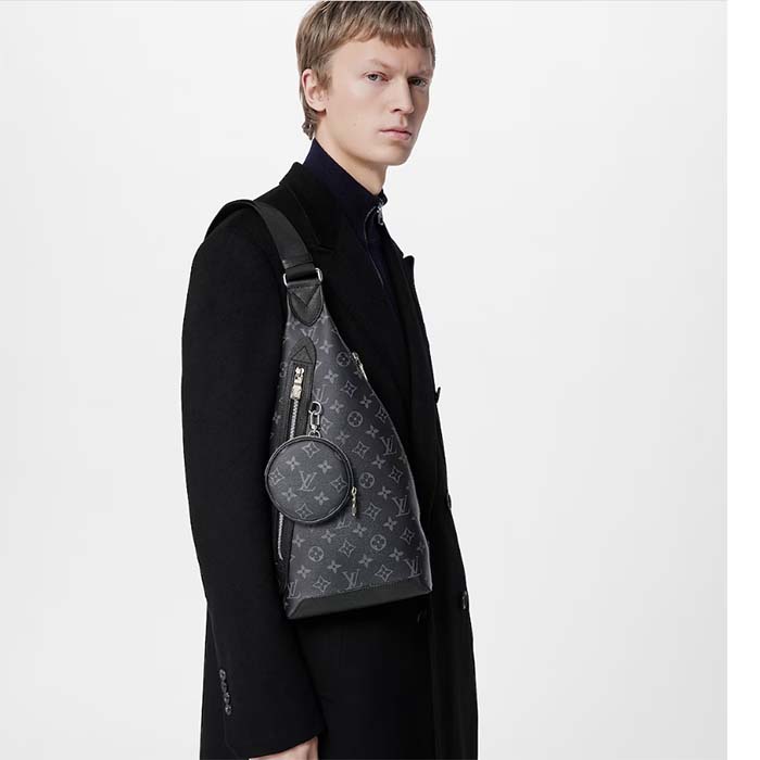 Louis Vuitton LV Unisex Duo Slingbag Black Monogram Coated Canvas Taiga Cowhide Leather